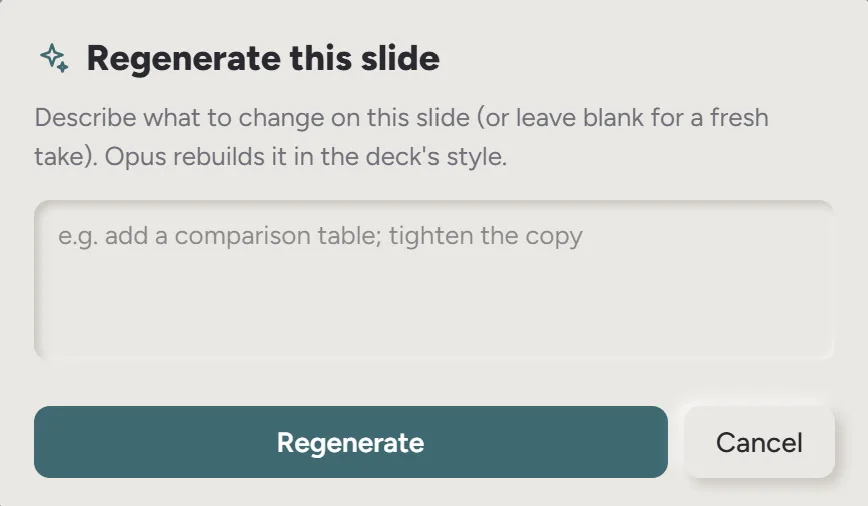 The regenerate-slide dialog asking what to change on this slide